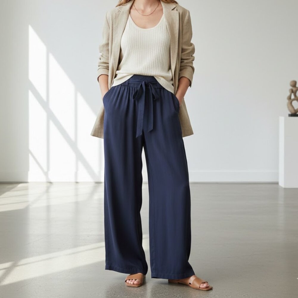 Club Monaco Wide Leg Belted Pants Dark Navy Lightweight size 4 Stretch